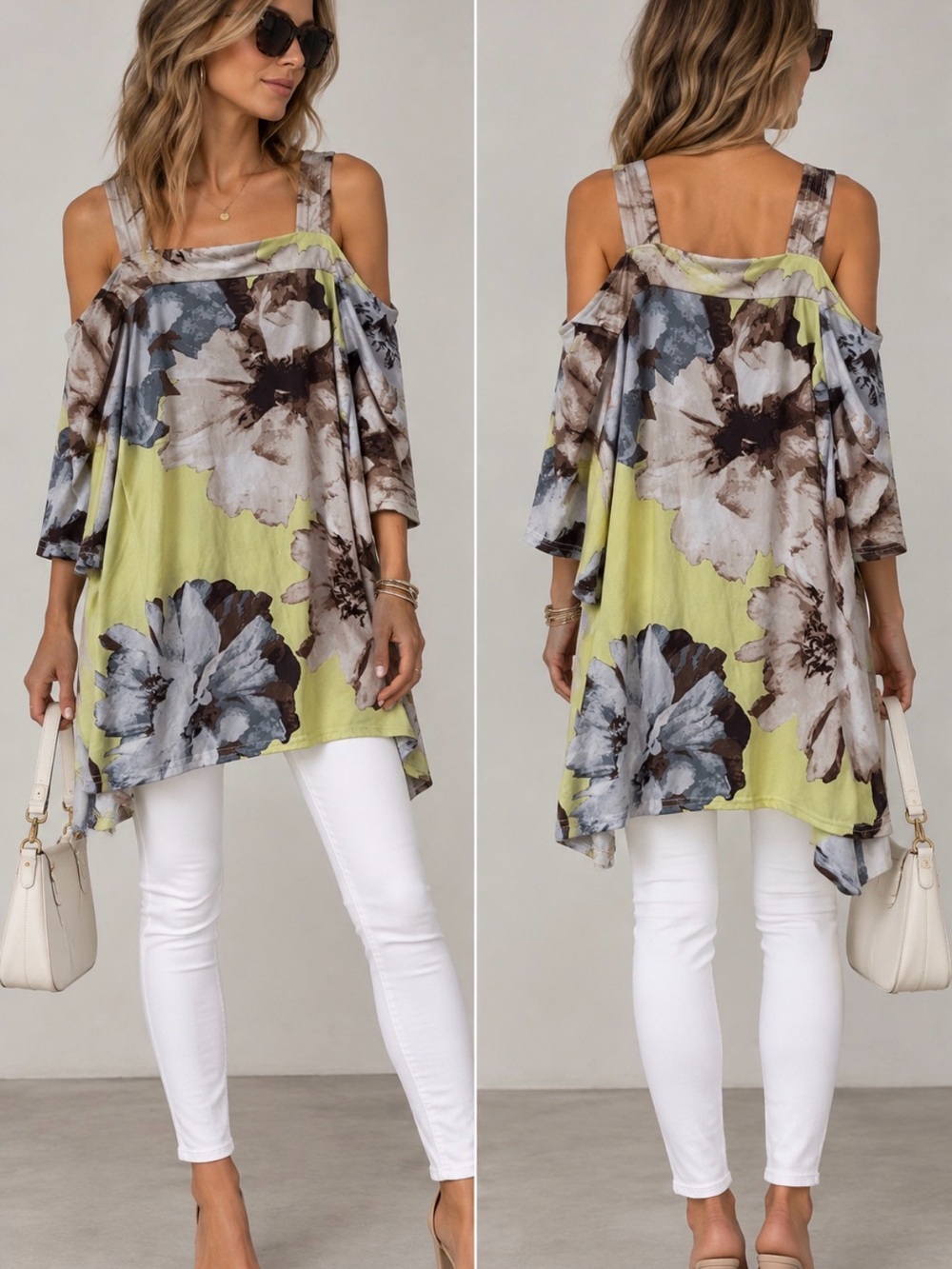 Jean-Pierre Klifa Paris Floral Cold Shoulder Handkerchief Tunic Top